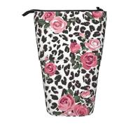 SATUSA Pink Cute Rose Mix Leopard Pattern Print Pencil Case,Telescopic Pen Pouch,Portable Pencil Holder,Storage Cosmetic Bag