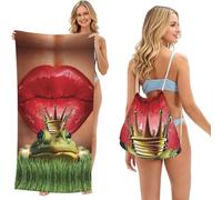 SATUSA Red Lips Getting Ready To Kiss A Frog Print 2-In-1 Foldable Beach Towel Backpack â€“ Camping, Yoga And Travel,Bath Towel With Built-In Storage, Convertible Beach Mat & Carry Bag