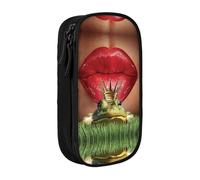 SATUSA Red Lips Getting Ready to Kiss A Frog Print Pencil Case Coin Key Card Bag Purse Large Pen Pouch for Kids Boys School Office