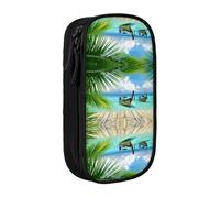 SATUSA Seaside Boat Coconut Leaves Print Pencil Case Coin Key Card Bag Purse Large Pen Pouch for Kids Boys School Office