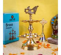 SATVIK 1 Pc Brass Panchmukhi Peacock Kerala Samai Puja Diya Kutthu Vilakku Oil Lamp Pooja 2 Step Diya Engraved Design Deepak Indian Diwali Pooja Home Mandir Office Decor Housewarming Return Gift Items