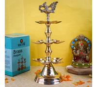 SATVIK 1 Pc Brass Panchmukhi Peacock Kerala Samai Puja Diya Kutthu Vilakku Oil Lamp Pooja 3 Step Diya Engraved Design Deepak Indian Diwali Pooja Home Mandir Office Decor Housewarming Return Gift Items