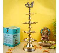 SATVIK 1 Pc Brass Panchmukhi Peacock Kerala Samai Puja Diya Kutthu Vilakku Oil Lamp Pooja 4 Step Diya Engraved Design Deepak Indian Diwali Pooja Home Mandir Office Decor Housewarming Return Gift Items
