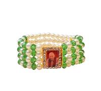 SATVIK 1 Pc Stunning Premium Pearl & Beads Bracelet with Jai Guruji Swaroop - Handmade Green Crystal Beads Wristband, Positive Vibes, Shukrana Satsang, Jai Chhatarpur Guruji Blessings