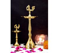 SATVIK 11.5 Inch 2 Pc Pure Brass Peacock Kerala Samai Puja Diya Traditional Brass Kutthu Vilakku Oil Lamp Pooja 1 Step Diya Engraved Design Adjustable Deepak Pooja Indian Housewarming Return Gift