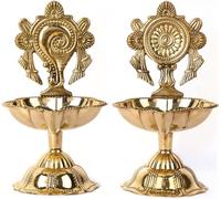 SATVIK 2 Pc Pair of Brass Designer Shankh Chakra Diya Traditional Indian Festive Diwali Puja Pooja Mandir Home Temple Oil Lamp Dia Indian Housewarming Return Gift Items