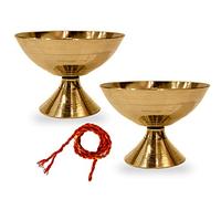 SATVIK 2Pc Pure Virgin Brass Diwali Puja Diya Pooja Oil Lamp Dia Deepawali Diya Oil Lamp Candle Tea Light Holder Diwali Decoration with Akhand Jyot Red Wicks Indian Housewarming Return Gift Items Bulk