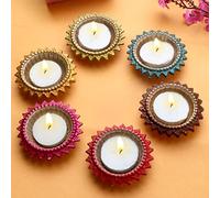 SATVIK 6 Pc Multicolor Surya Metal Diya Floral Lotus Flower Shape Tea Light Holder Oil Lamp Christmas Indoor Home Mandir Pujan Pooja Office Temple Decor Dia Indian Housewarming Return Gift Items Pack