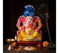 SATVIK 8-9 Inch - Eco Friendly Colored Ganesha Idol Sitting Pose Pagdi Style Handmade Clay Ganesh Statue for Home Decor Pooja Festival Decoration (Design - 2)