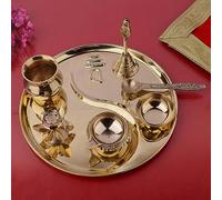 SATVIK Brass Pooja Thali Set (7 Piece) - Designer Puja Set with Thali, Ghanti, Bowl, Agarbatti Holder, Kalash, Kuber Diya & Spoon - Round Thali 21.59 cm