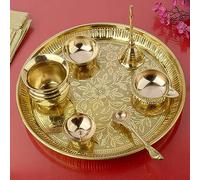 SATVIK Brass Pooja Thali Set (7 Piece) - Designer Puja Set with Thali, Ghanti, Bowl, Cone Stand, Kalash, Diya & Spoon - Round Thali 22.86 cm