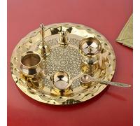 SATVIK Brass Pooja Thali Set (7 Piece) - Kashmiri Art Design Puja Set with Thali, Ghanti, Bowl, Agarbatti Holder, Kalash, Aarti Diya & Spoon - Round Thali 25.4 cm