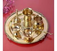 SATVIK Brass Pooja Thali Set (7 Piece) - Om Design Puja Set with Thali, Ghanti, Bowl, Agarbatti Holder, Kalash, Panchmukhi Diya & Spoon - Round Thali 24.3 cm