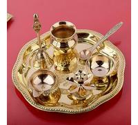 SATVIK Brass Pooja Thali Set (7 Piece) - Om Laxmi Ganesh Design Puja Set with Thali, Ghanti, Bowl, Agarbatti Holder, Kalash, Panchmukhi Diya & Spoon - Round Thali 20.32 cm