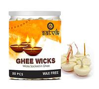 SATVIK Pure Ghee Wicks for Puja Pooja for Home and Mandir. Nitya Pujan Readymade Ghee Jyot Jyoti Pujan Indian Housewarming Return Gift Items Puja Accessories. Diwali Diya Cotton Wicks (50 Pc)