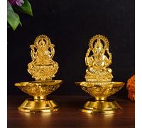 SATVIK Set of 1 Pc Laxmi Ganesha Pair Metal Diya Luxmi Ganpati Dia Lord Ganesh Lakshmi Murti Idol Statue Oil Lamp Decor Home Mandir Office Indian Hindu Diwali Pooja Pujan Housewarming Return Gift Item
