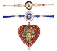 SATVIK Set of 2 Rakhi for Brother with Leaf Ganesha Design, Includes Roli Chawal, Ram Sita Stickers - Cotton Rakhi for Raksha Bandhan, Ganesh Rakhi, Indian Festival Accessories (Design 8)