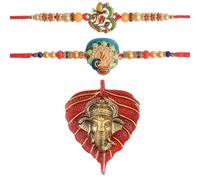 SATVIK Set of 2 Rakhi for Brother with Leaf Ganesha Design, Includes Roli Chawal, Ram Sita Stickers - Cotton Rakhi for Raksha Bandhan, Ganesh Rakhi, Indian Festival Accessories (Design 9)
