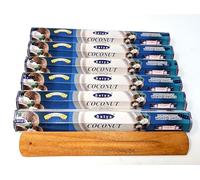 Satya Coconut Incense Sticks - 6 x 20 Stick Packs (120 Total) - Charcoal-Free - Tropical & Sweet Aroma - Includes JRose Wooden Burner - Natural Masala Incense for Relaxation & Energy Clearing