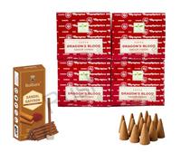 Satya Dragon’s Blood Dhoop Cones with Stand, 4 Packs x 12 (48 Cones Total) + Rushant Sandal Saffron Dhoop Sticks (10) - Incense Set for Relaxation & Meditation