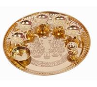 SATYA EXPORTS Satyaexports Brass Pooja Aarti Thali Kapoor Dish with Five Diya Agarbatti Stand, Medium, Golden Yellow showpiece,(Pack of 1)