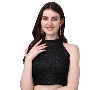 SATYA EXPORTS Women's Halter Neck Chickenkari Sequins Work Readymade Saree Blouse Color (as8, Numeric, Numeric_34, Regular, Regular, Black)
