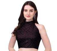 SATYA EXPORTS Women's Halter Neck Chickenkari Sequins Work Readymade Saree Blouse Color (as8, Numeric, Numeric_34, Regular, Regular, Wine)