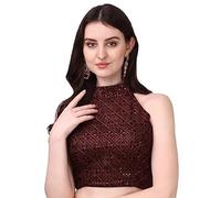 SATYA EXPORTS Women's Halter Neck Chickenkari Sequins Work Readymade Saree Blouse Color (as8, Numeric, Numeric_34, Regular, Regular, Maroon)