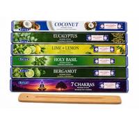Satya Incense Sticks Gift Set - 120 Sticks, 6 Fragrances with JRose Incense Holder | Coconut, Eucalyptus, Honey & Lemon, Holy Basil, Bergamot & 7 Chakras | Indian Incense