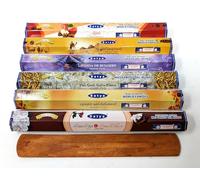 Satya Incense Sticks Gift Set - 6 Fragrances: Apple, Egyptian Musk, Lavender, White Sage, Opium Sandalwood, Rose - with Wooden Burner - Aromatherapy Meditation Gift