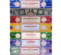Satya Incense Sticks Gift Set, 7 Fragrances - Nag Champa, Super Hit, Dragon's Blood, Sandalwood, Patchouli, Lavender, Positive Vibes, by JMW.