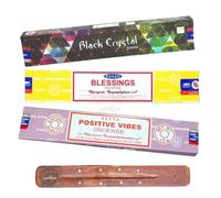 Satya Nag Champa Black Crystal, Blessings and Positive Vibes Incense Sticks | x3 pack | with SAMASIA incense sticks holder | Burn for Positivity