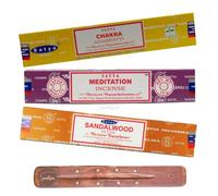 Satya Nag Champa Chakra, Meditation and Sandalwood Incense Sticks | x3 pack | with SAMASIA incense sticks holder | Burn for Meditation