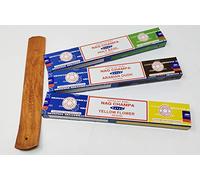 Satya Nag Champa Combo Incense Sticks Mix Deal - Yellow Flower, Arabian Oudh, Holy Basil with JR Incense Holder SNC16