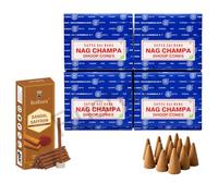 Satya Nag Champa Dhoop Cones with Stand, 4 Packs x 12 (48 Cones Total) + Rushant Sandal Saffron Dhoop Sticks (10) - Incense Set for Relaxation & Meditation