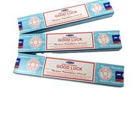 Satya Nag Champa Good Luck Incense Sticks - Amber Vanilla Floral Scent - 3 x 15g Packs (45g Total) - Includes JRose Wooden Burner - for Positivity, Meditation & Relaxation