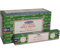 Satya Nag Champa Holy Basil Incense Sticks - 3 Packs (15g Each) + JRose Wooden Burner | Herbal Tulsi Fragrance for Meditation, Relaxation & Spiritual Practice