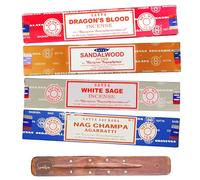 Satya Nag Champa Incense Sticks - 4 unique and premium flavours - Dragons Blood, Sandalwood, White Sage and Agarbatti and comes with SAMASIA incense holder