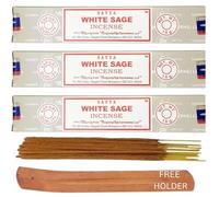 Satya Nag Champa Incense Sticks Pack of 3 X 15G with Free Holder Agarbatti for Home, Outdoor, Aromatherapy, Spa, Yoga, Meditation, Healing (WHITE SAGE PACK OF 3 Free Holder)