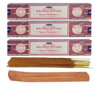 Satya Nag Champa Incense Sticks Pack of 3 X 15G with Free Holder Agarbatti for Home, Outdoor, Aromatherapy, Spa, Yoga, Meditation, Healing (Sacred Ritual PACK OF 3 Free Holder)