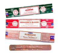 Satya Nag Champa Jasmine, Dragons Blood and Romance Incense Sticks | x3 pack | with SAMASIA incense sticks holder | Burn for Love