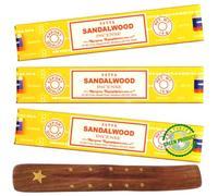 Satya Nag Champa Sandalwood Incense Sticks Pack of 3 with BURLAS® Incense Holder for Meditation, Positivity, Aromatherapy, Yoga, Healing and Relaxation