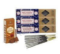 Satya Nag Champa Smudge Incense Sticks 25g x 3 Packs + Rushant Sandal Saffron Dhoop Sticks (10 Sticks) | Long Burning Masala Agarbatti for Meditation, Yoga, Relaxation & Pooja