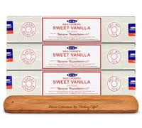 Satya Nag Champa Sweet Vanilla Incense Sticks 3 Pack Set 15g Each with JRose Wooden Incense Holder Vanilla Aroma Fragrance Incense Sticks for Home Meditation Yoga Relaxation Aromatherapy