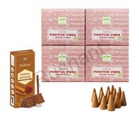 Satya Positive Vibes Dhoop Cones with Stand, 4 Packs x 12 (48 Cones Total) + Rushant Sandal Saffron Dhoop Sticks (10) - Incense Set for Relaxation & Meditation