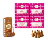 Satya Rose Dhoop Cones with Stand, 4 Packs x 12 (48 Cones) + Rushant Sandal Saffron Dhoop Sticks (10) - Floral Incense Set for Meditation, Yoga, Relaxation & Spiritual Use