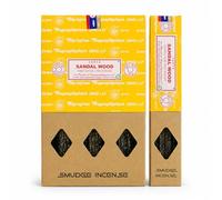 Satya Sandal Wood Smudge Incense Sticks 12 Pack Set 25g Each with JRose Wooden Incense Burner Holder Sandalwood Aromatic Incense for Meditation Yoga Relaxation Home Fragrance Spiritual Ambience
