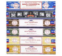 Satya - Set of 6 - Nag Champa, Super Hit, Path Breaker, Soul Searcher, Sandalwood, Californian White Sage 15 Grams x6 Pack