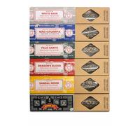 Satya Smudge Incense Sticks Assorted Set 6 Pack 25g Each with JRose Wooden Incense Holder Thick Hand Rolled Masala Incense White Sage Nag Champa Palo Santo Dragon’s Blood Sandalwood Super Hit