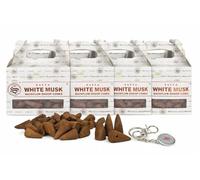 Satya White Musk Backflow Incense Dhoop Cones 6 Pack Set - 24 Cones Per Pack, Smooth Musk Aroma for Backflow Burners, Slow Burning Aromatic Cones with JRose Trolley Coin Keyring